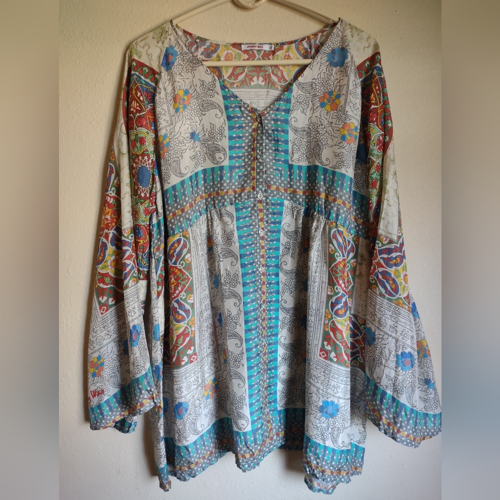 Johnny Was Blue and White Embellished Blouse